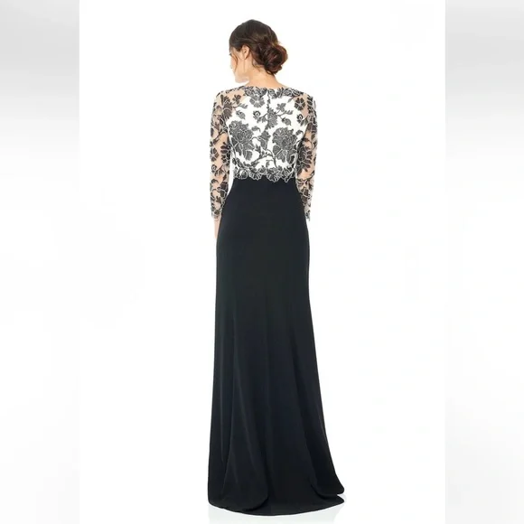 Tadashi Shoji Peony Embroidered Lace Top Black Ivory Gown Dress Size 16 - Picture 2 of 15